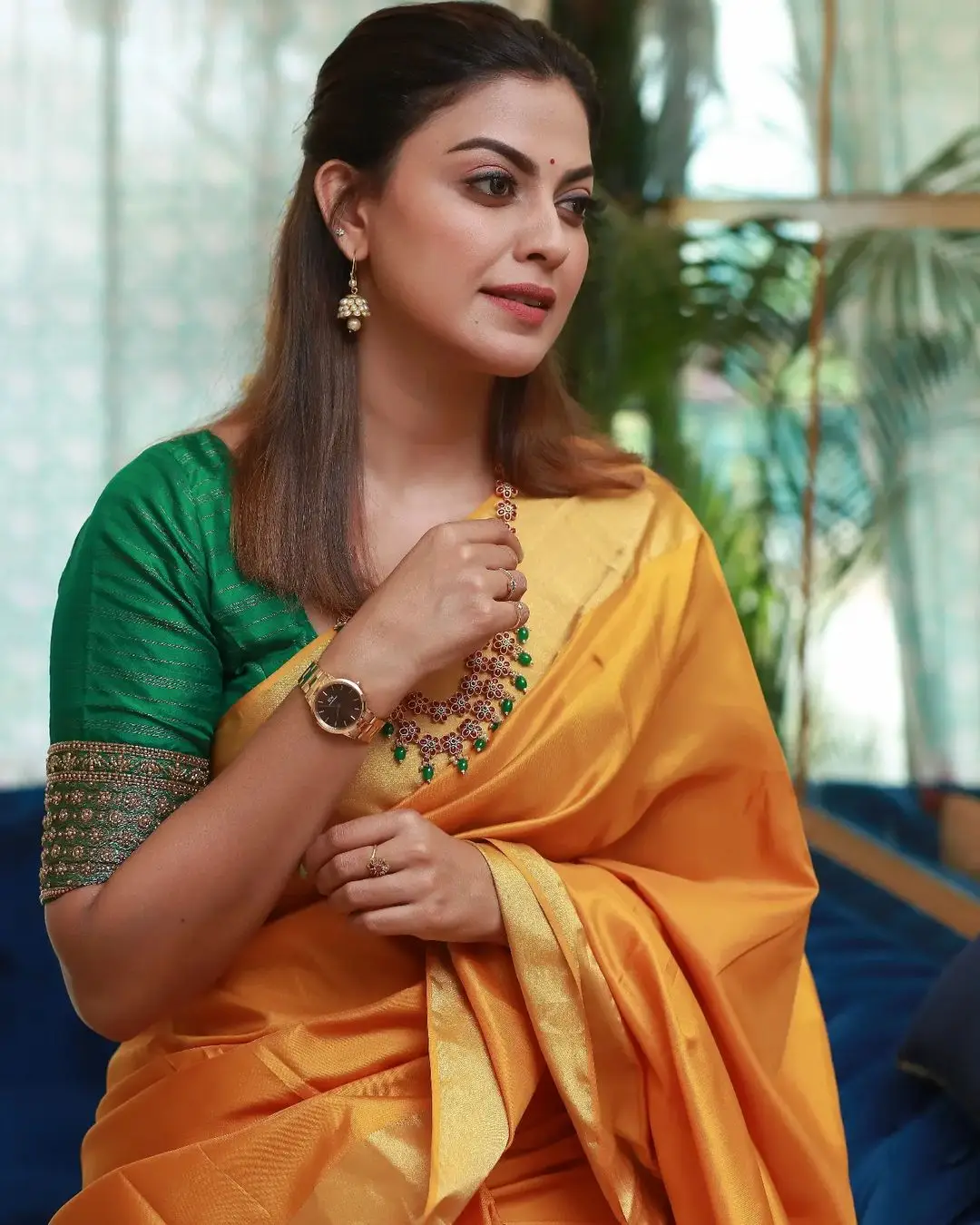 Indian Actress Anusree Nair in Yellow Color Saree Green Blouse